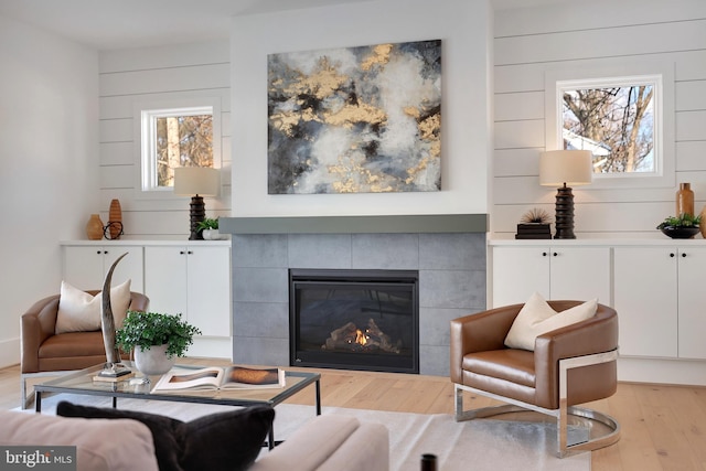 living room featuring light wood-type flooring and a fireplace