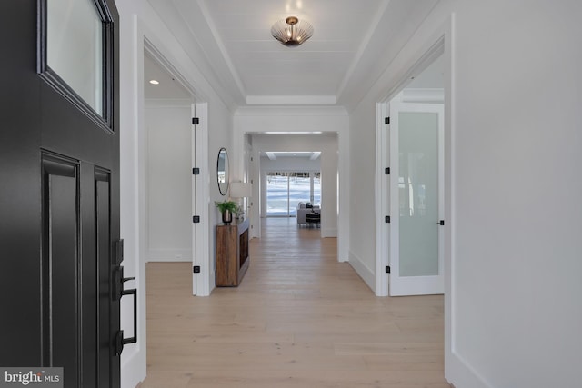 entrance foyer with a raised ceiling, light wood-type flooring, and baseboards