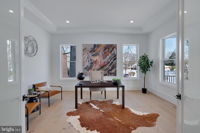 home office featuring a raised ceiling, wood finished floors, recessed lighting, and baseboards