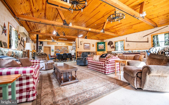 220 Gillens Rd, Mill Hall, PA 17751 - living area featuring wood ceiling, a wall unit AC, and plenty of natural light