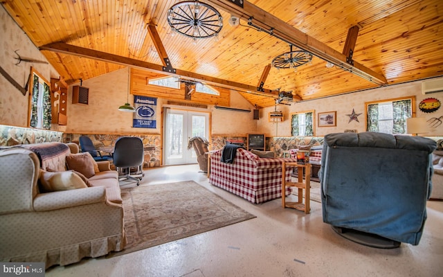 220 Gillens Rd, Mill Hall, PA 17751 - living room featuring wooden ceiling, healthy amount of natural light, french doors, and a wall mounted AC