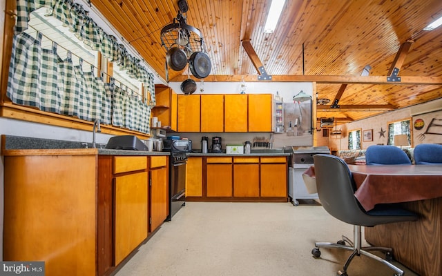 220 Gillens Rd, Mill Hall, PA 17751 - kitchen featuring beam ceiling, dark countertops, wood ceiling, open shelves, and brown cabinetry