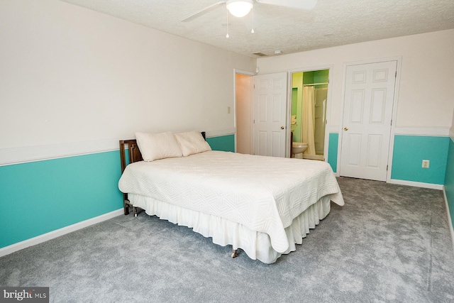 4801 Vesper Cir, Palmyra, NJ 08065 - carpeted bedroom with a textured ceiling, baseboards, ensuite bath, and a ceiling fan