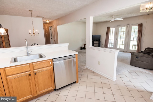 4801 Vesper Cir, Palmyra, NJ 08065 - kitchen featuring dishwasher, a sink, open floor plan, a textured ceiling, and ceiling fan
