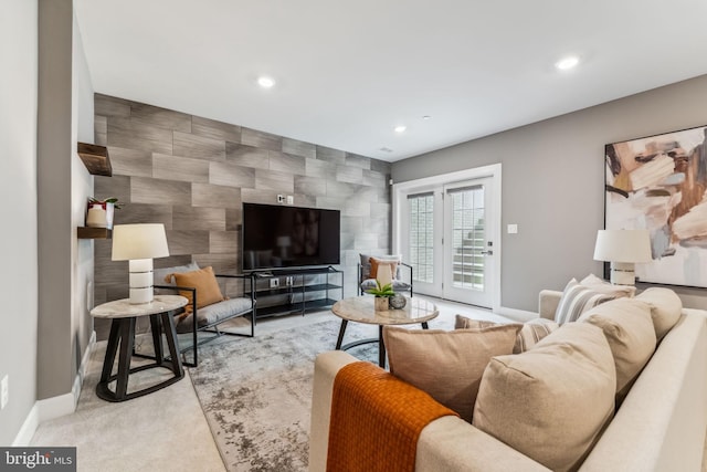 803 Rexford Way, Upper Marlboro, MD 20774 - living room with recessed lighting, an accent wall, baseboards, tile walls, and light carpet