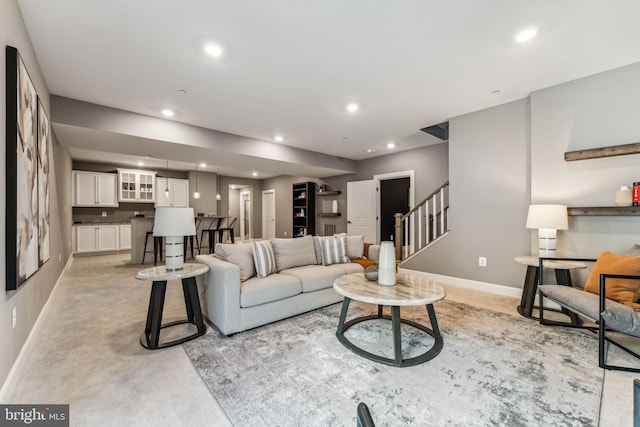 803 Rexford Way, Upper Marlboro, MD 20774 - living room with stairs, recessed lighting, baseboards, and light carpet