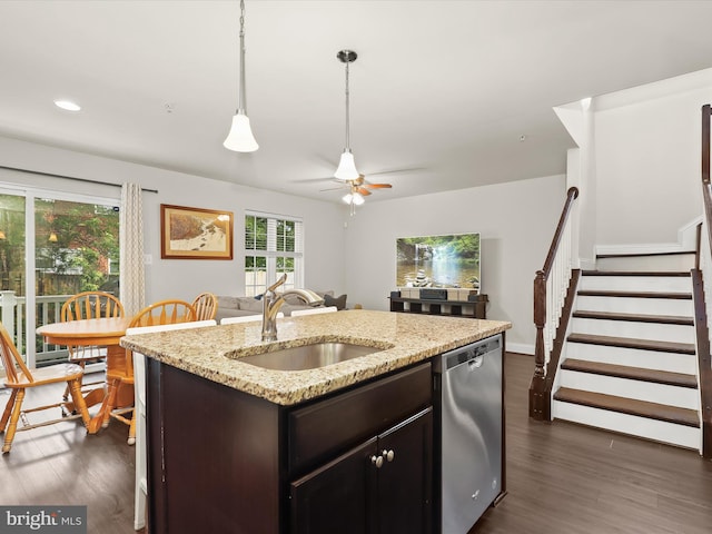 300 Grace Way, Laurel, MD 20707 - kitchen with stainless steel dishwasher, a sink, ceiling fan, dark wood-style flooring, and a center island with sink