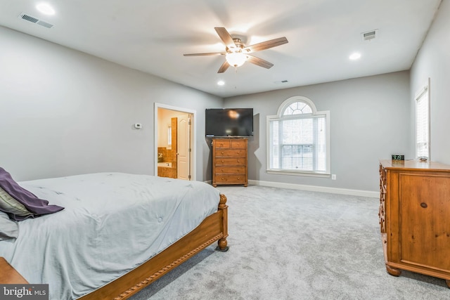 8200 Marshall Corner Rd, Pomfret, MD 20675 - bedroom with light carpet, baseboards, recessed lighting, ensuite bath, and a ceiling fan