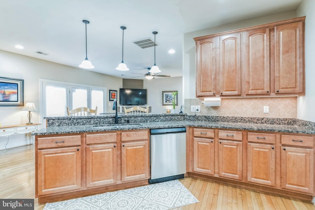 8200 Marshall Corner Rd, Pomfret, MD 20675 - kitchen with dishwasher, a sink, a ceiling fan, dark stone counters, and recessed lighting