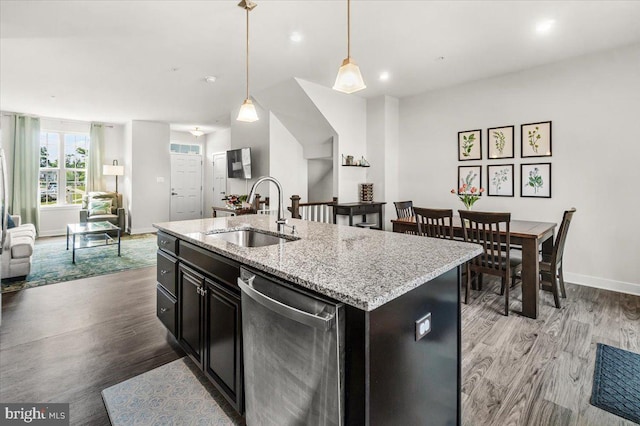 10732 Lamoka Ln, New Market, MD 21774 - kitchen featuring a sink, stainless steel dishwasher, open floor plan, wood finished floors, and recessed lighting
