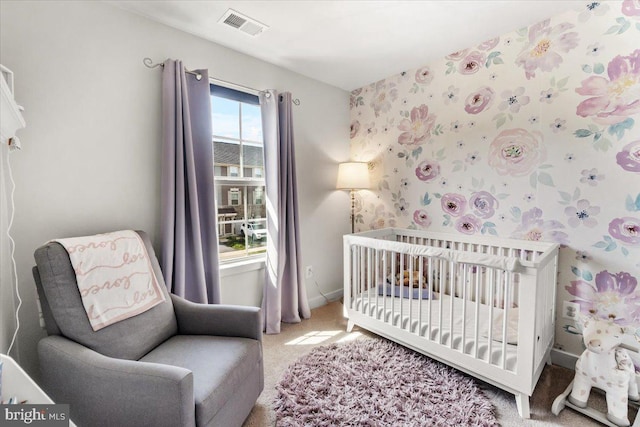 10732 Lamoka Ln, New Market, MD 21774 - carpeted bedroom featuring a crib, wallpapered walls, and baseboards
