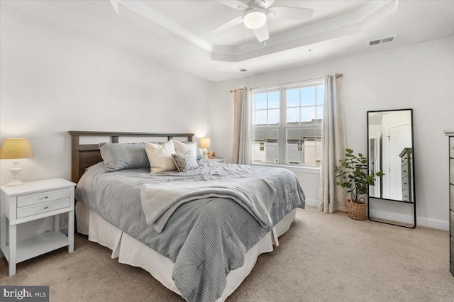 10732 Lamoka Ln, New Market, MD 21774 - bedroom with a raised ceiling, light colored carpet, baseboards, and a ceiling fan
