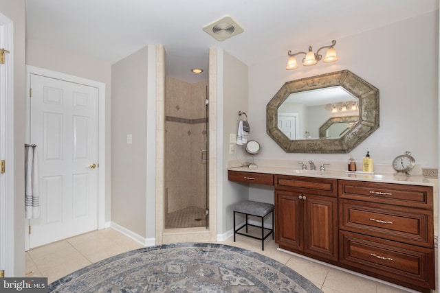 full bathroom featuring tile patterned flooring, a stall shower, vanity, and baseboards