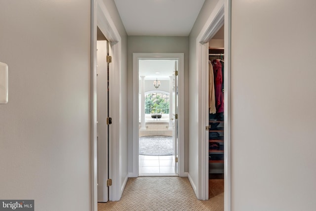 doorway to outside featuring light carpet and baseboards