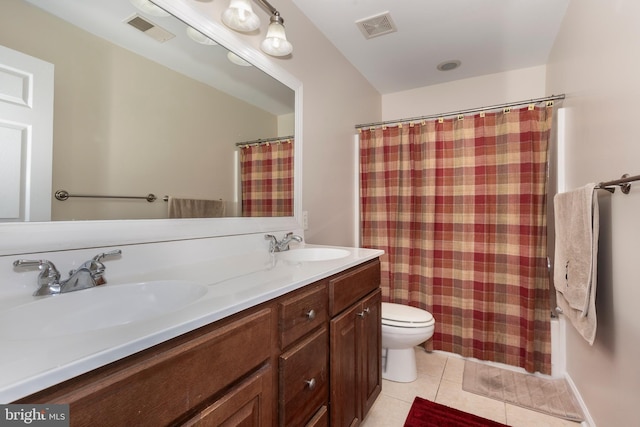 full bath with tile patterned floors, double vanity, toilet, and a shower with shower curtain