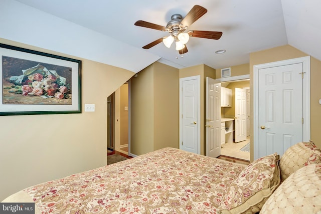 bedroom featuring vaulted ceiling, ceiling fan, and recessed lighting