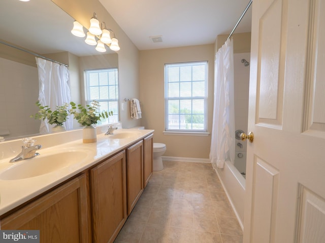 73 Marblehead Rd, Inwood, WV 25428 - bathroom with toilet, double vanity, shower / tub combo, tile patterned floors, and baseboards