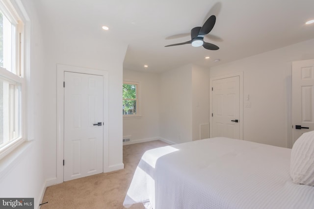 5446 Varnum St, Bladensburg, MD 20710 - bedroom featuring light carpet, recessed lighting, baseboards, and a ceiling fan