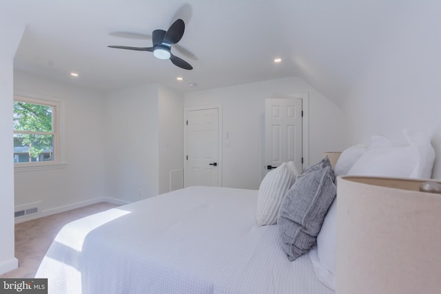 5446 Varnum St, Bladensburg, MD 20710 - bedroom with light carpet, recessed lighting, ceiling fan, vaulted ceiling, and baseboards