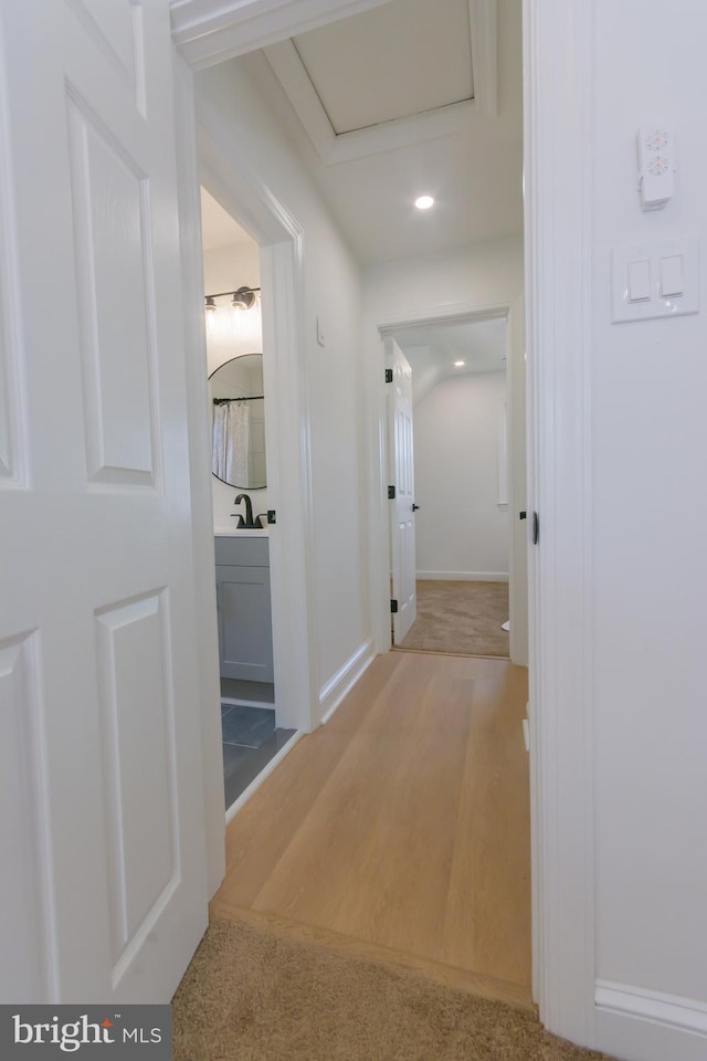 5446 Varnum St, Bladensburg, MD 20710 - hall featuring attic access, wood finished floors, recessed lighting, and baseboards