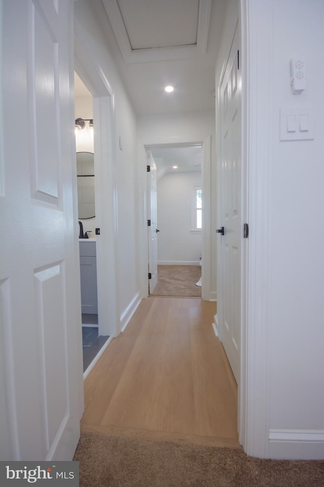 5446 Varnum St, Bladensburg, MD 20710 - corridor featuring light wood-type flooring, recessed lighting, attic access, and baseboards