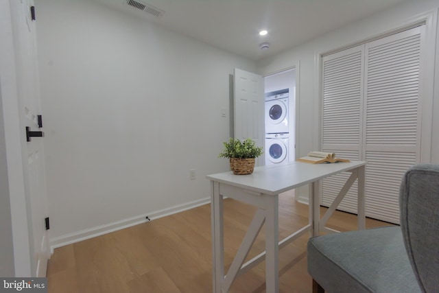 5446 Varnum St, Bladensburg, MD 20710 - office area featuring stacked washer and clothes dryer, light wood-style flooring, baseboards, and recessed lighting