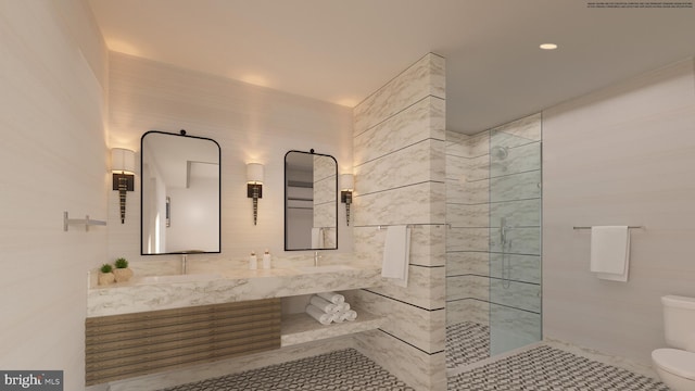 321 W Beaver Ave Unit 803, State College, PA 16801 - full bath with toilet, a walk in shower, double vanity, and tile patterned floors