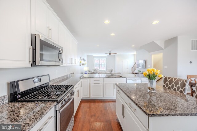kitchen with appliances with stainless steel finishes, open floor plan, a sink, wood finished floors, and a peninsula
