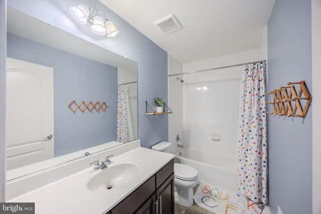 full bathroom with toilet, vanity, and shower / bathtub combination with curtain