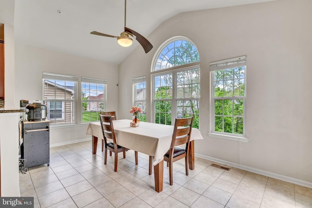 2708 Lake Forest Dr, Upper Marlboro, MD 20774 - dining area with lofted ceiling, a ceiling fan, baseboards, and light tile patterned floors