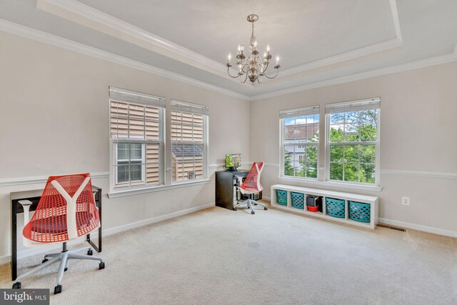 2708 Lake Forest Dr, Upper Marlboro, MD 20774 - playroom with a chandelier, a raised ceiling, carpet, crown molding, and an office area