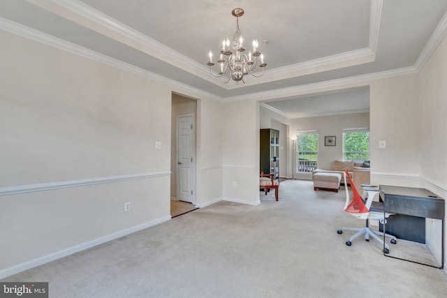 2708 Lake Forest Dr, Upper Marlboro, MD 20774 - carpeted office space featuring a chandelier, ornamental molding, baseboards, and a raised ceiling