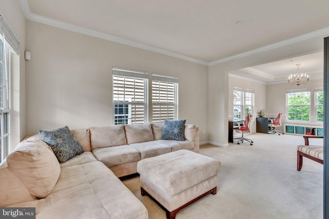2708 Lake Forest Dr, Upper Marlboro, MD 20774 - carpeted living area with an office area, a chandelier, crown molding, and baseboards