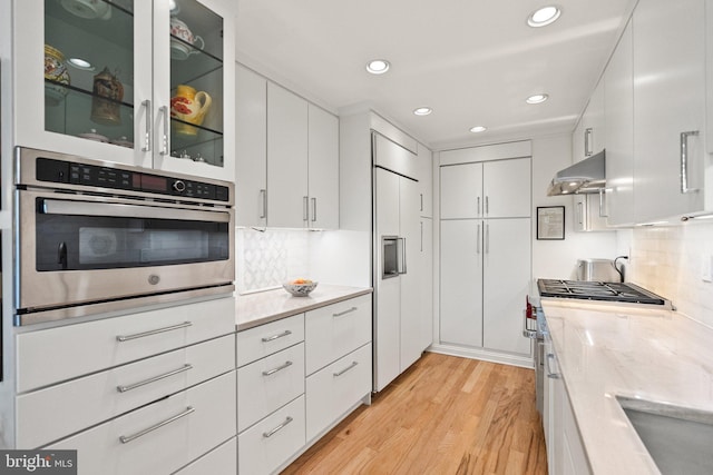 700 New Hampshire Ave NW Unit 507, Washington, DC 20037 - kitchen with high quality appliances, under cabinet range hood, light wood-style flooring, white cabinetry, and tasteful backsplash