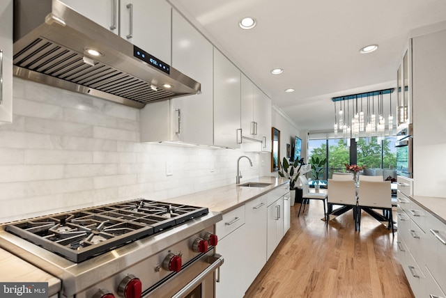 700 New Hampshire Ave NW Unit 507, Washington, DC 20037 - kitchen with under cabinet range hood, stainless steel appliances, a sink, white cabinetry, and recessed lighting