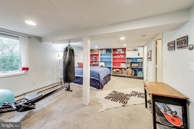 7017 Woodland Ave, Takoma Park, MD 20912 - bedroom featuring light colored carpet, baseboard heating, and recessed lighting