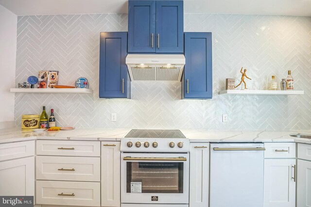 504 Richey Ave, Collingswood, NJ 08107 - kitchen with white appliances, open shelves, exhaust hood, decorative backsplash, and light stone counters