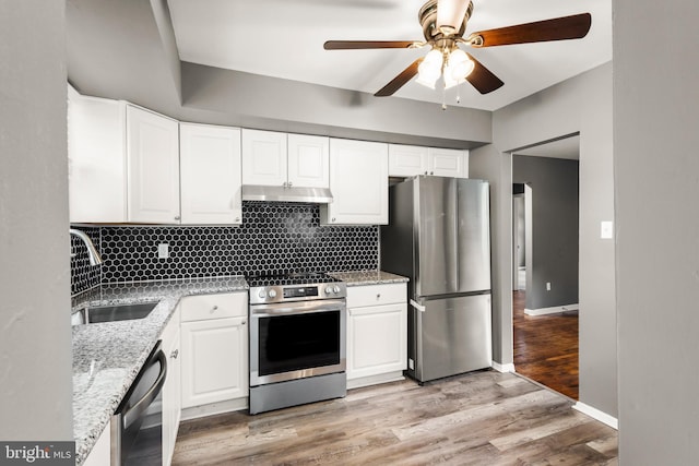 kitchen with stainless steel appliances, a sink, ceiling fan, under cabinet range hood, and decorative backsplash