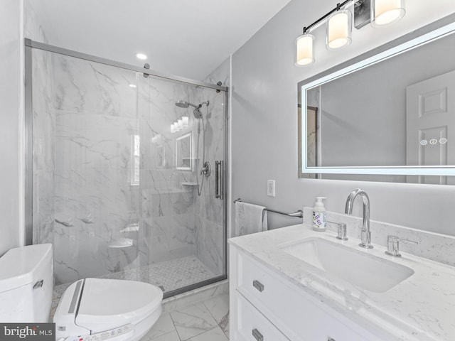 full bathroom featuring toilet, marble finish floors, a marble finish shower, vanity, and recessed lighting