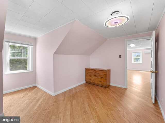 additional living space featuring light wood-style floors, healthy amount of natural light, baseboards, and lofted ceiling