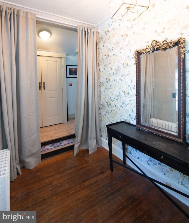 116 Oakley St, Cambridge, MD 21613 - entrance foyer with hardwood / wood-style flooring, radiator heating unit, wallpapered walls, and ornamental molding