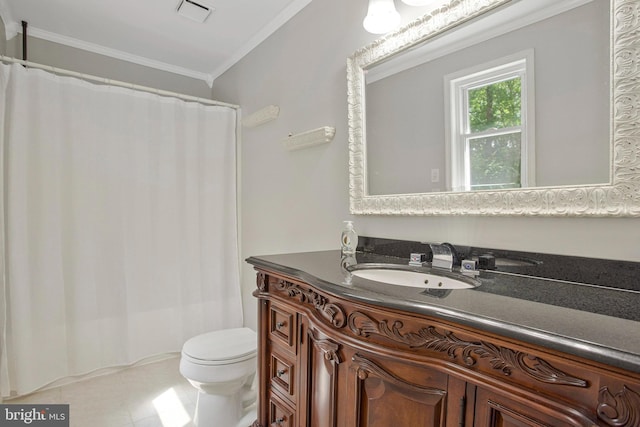 full bath with ornamental molding, toilet, vanity, tile patterned flooring, and a shower with shower curtain