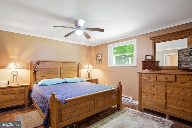 bedroom featuring a baseboard radiator, dark wood finished floors, ornamental molding, baseboards, and ceiling fan