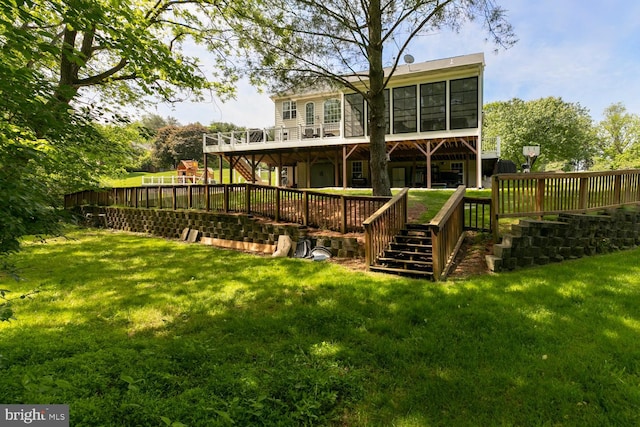 10609 Little Run Farm Ct, Vienna, VA 22182 - rear view of house with stairway, a wooden deck, a lawn, and a sunroom