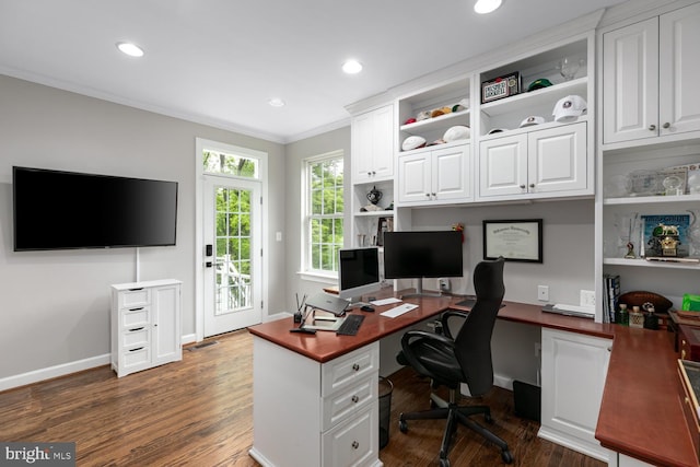 10609 Little Run Farm Ct, Vienna, VA 22182 - home office featuring ornamental molding, dark wood finished floors, recessed lighting, and baseboards