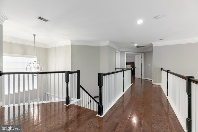 10609 Little Run Farm Ct, Vienna, VA 22182 - hallway featuring an upstairs landing, a chandelier, dark wood-type flooring, recessed lighting, and ornamental molding