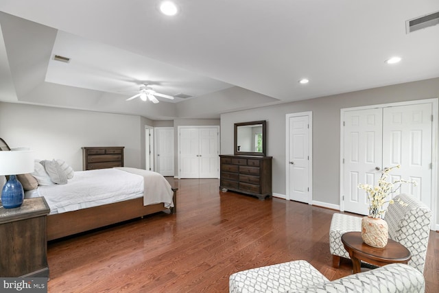 10609 Little Run Farm Ct, Vienna, VA 22182 - bedroom featuring wood finished floors, two closets, recessed lighting, baseboards, and a ceiling fan