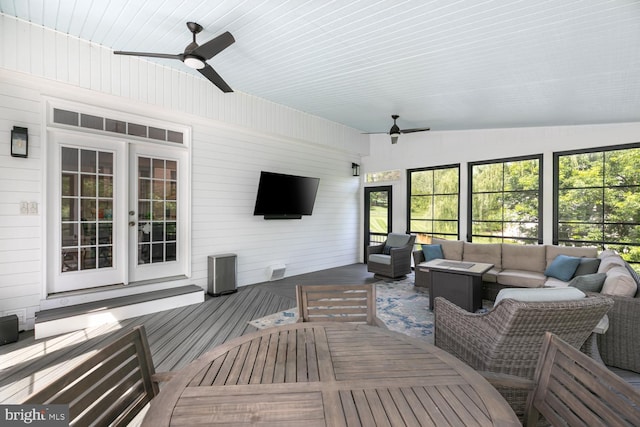 10609 Little Run Farm Ct, Vienna, VA 22182 - wooden terrace featuring a ceiling fan, an outdoor living space, and outdoor dining space
