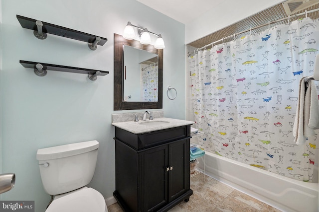 bathroom with vanity, toilet, and shower / bathtub combination with curtain