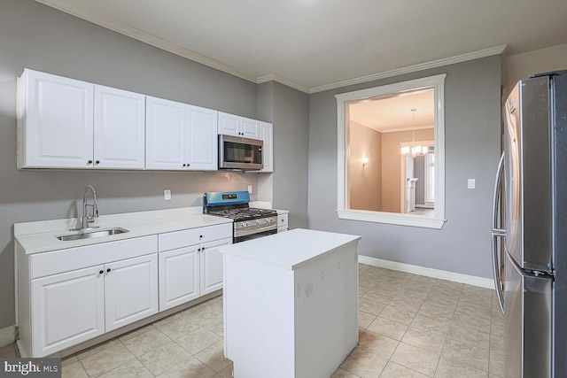 2014 Penrose Ave, Baltimore, MD 21223 - kitchen featuring appliances with stainless steel finishes, a sink, white cabinets, light countertops, and a chandelier